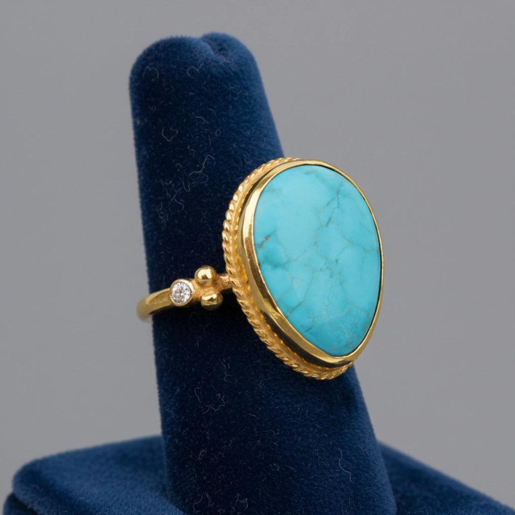 Gold turquoise ring with white topaz stones, handcrafted 925 sterling silver, perfect gift from Bodrum