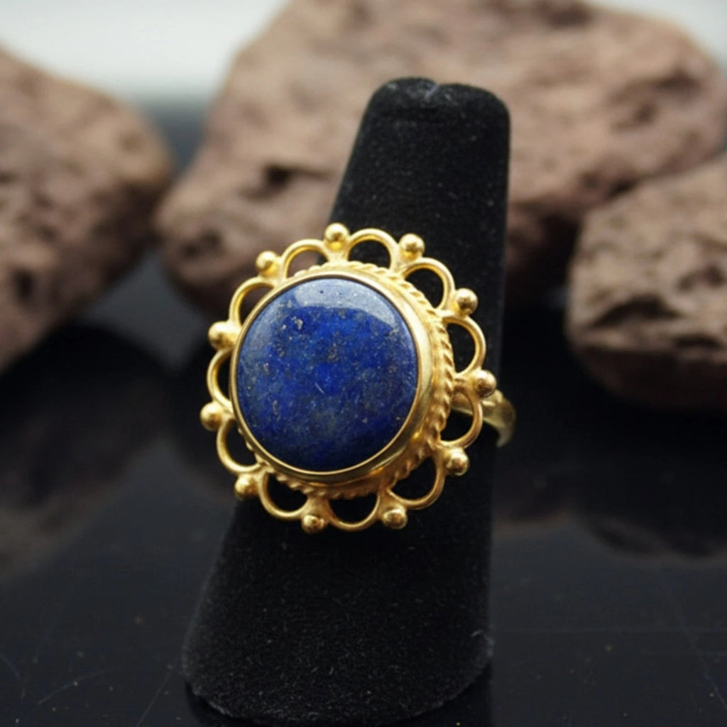 US Duties Incl: Handmade Gold Lapis Ring, 925 Silver, Symbol of Wisdom, Turkish Jewelry By Sultan
