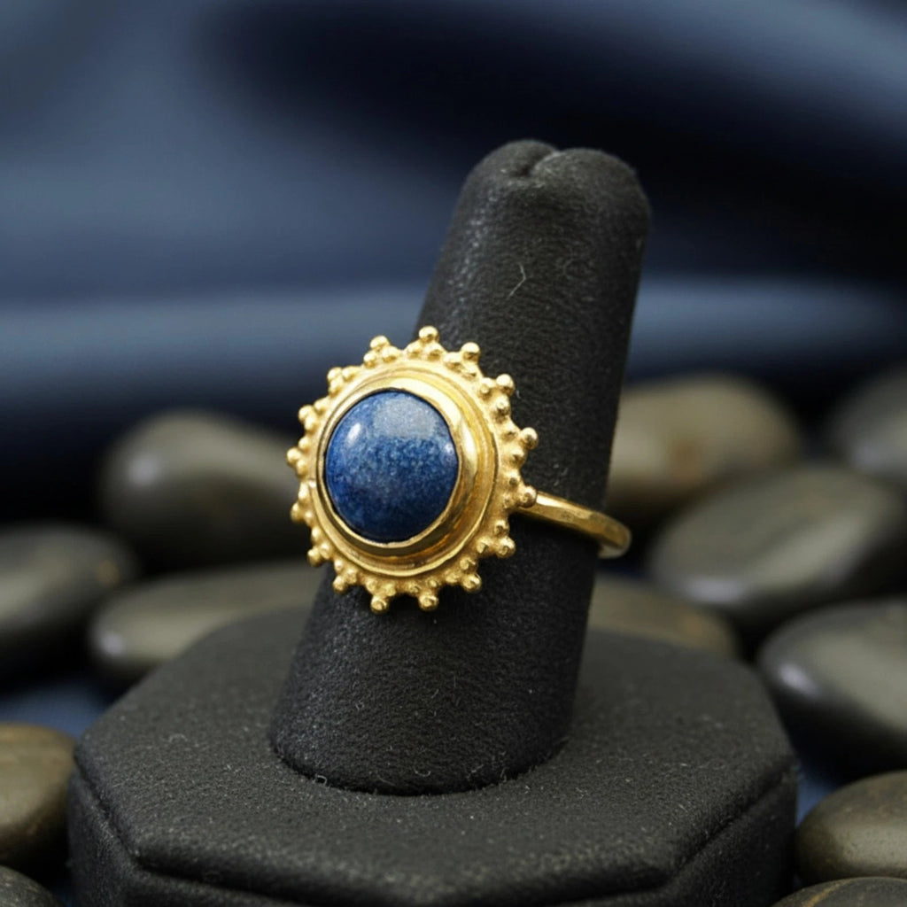 Lapis Lazuli wisdom ring by artisan Sultan, Bodrum Turkish designer jewelry with 925 silver and ancient Roman granulation style