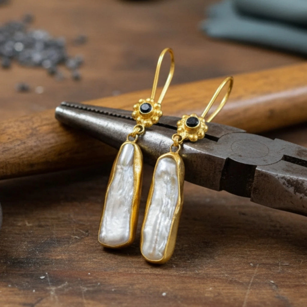 Artisan Onyx Pearl earrings with natural gemstones, handmade by Sultan in Bodrum, Turkish designer jewelry
