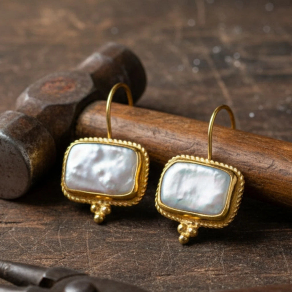 Rectangle Pearl earrings by artisan Sultan, Bodrum Turkish designer jewelry with 925 silver and ancient Anatolian inspiration