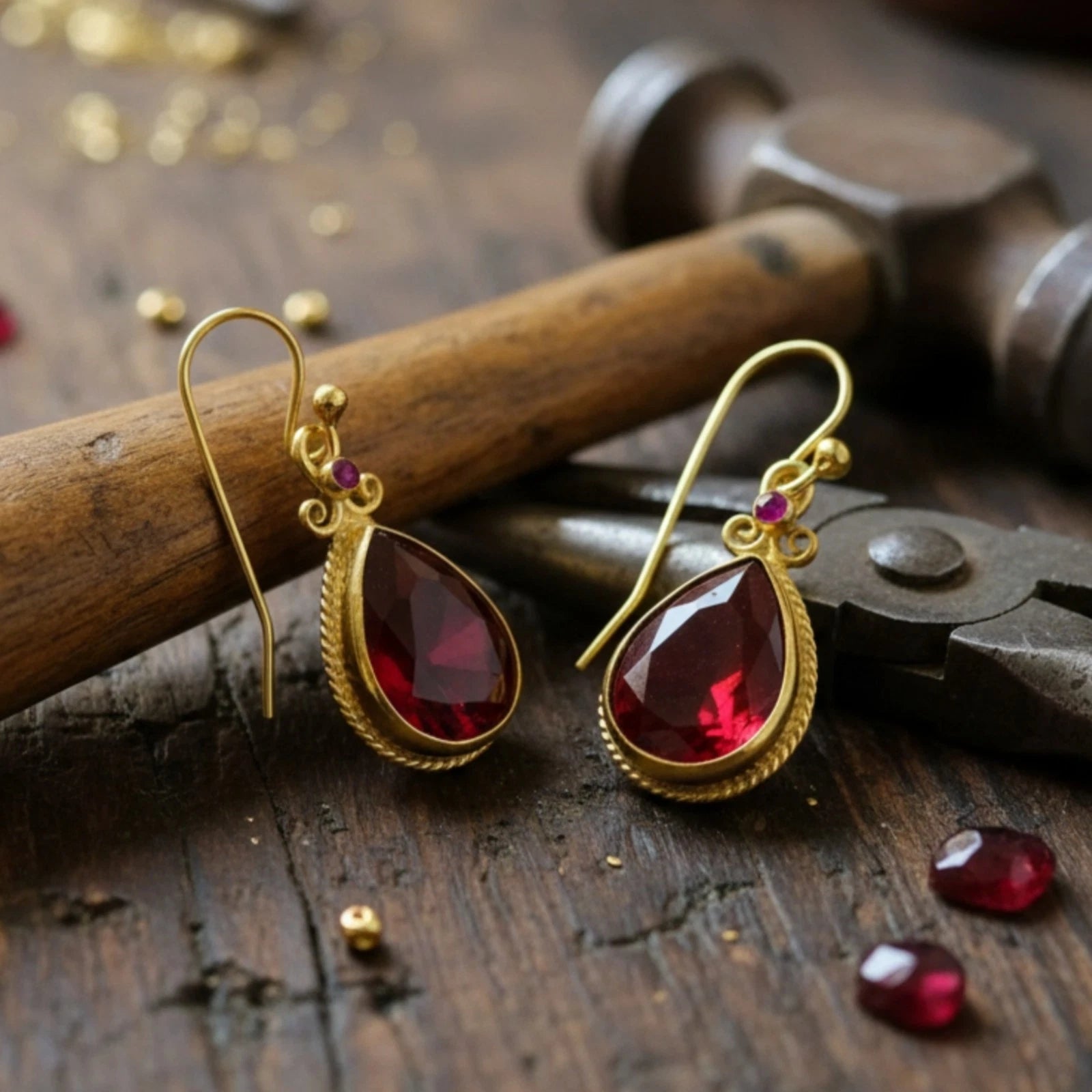 Red Topaz drop earrings by artisan Sultan, Bodrum Turkish designer jewelry with 925 silver and ancient art inspiration
