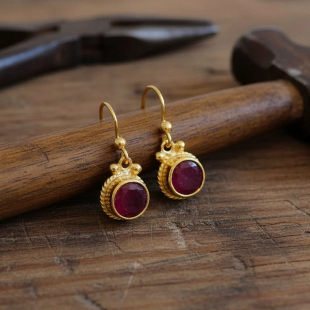 Red Topaz dangle earrings by artisan Sultan, Bodrum Turkish designer jewelry with 925 silver and ancient art inspiration
