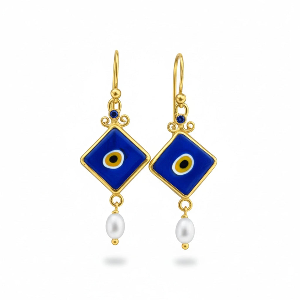 Turkish Eye protection symbol earrings featuring natural Iolite and Pearl gemstones, handmade by designer Sultan