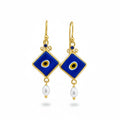 Turkish Eye protection symbol earrings featuring natural Iolite and Pearl gemstones, handmade by designer Sultan