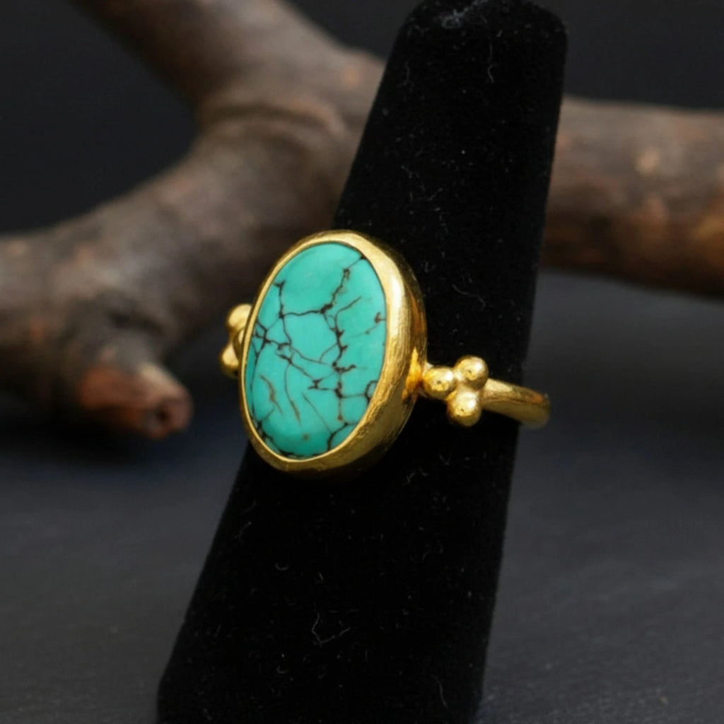 Artisan Turquoise unique ring with hammered texture, handmade by Sultan in Bodrum, Turkish designer jewelry with 925 silver