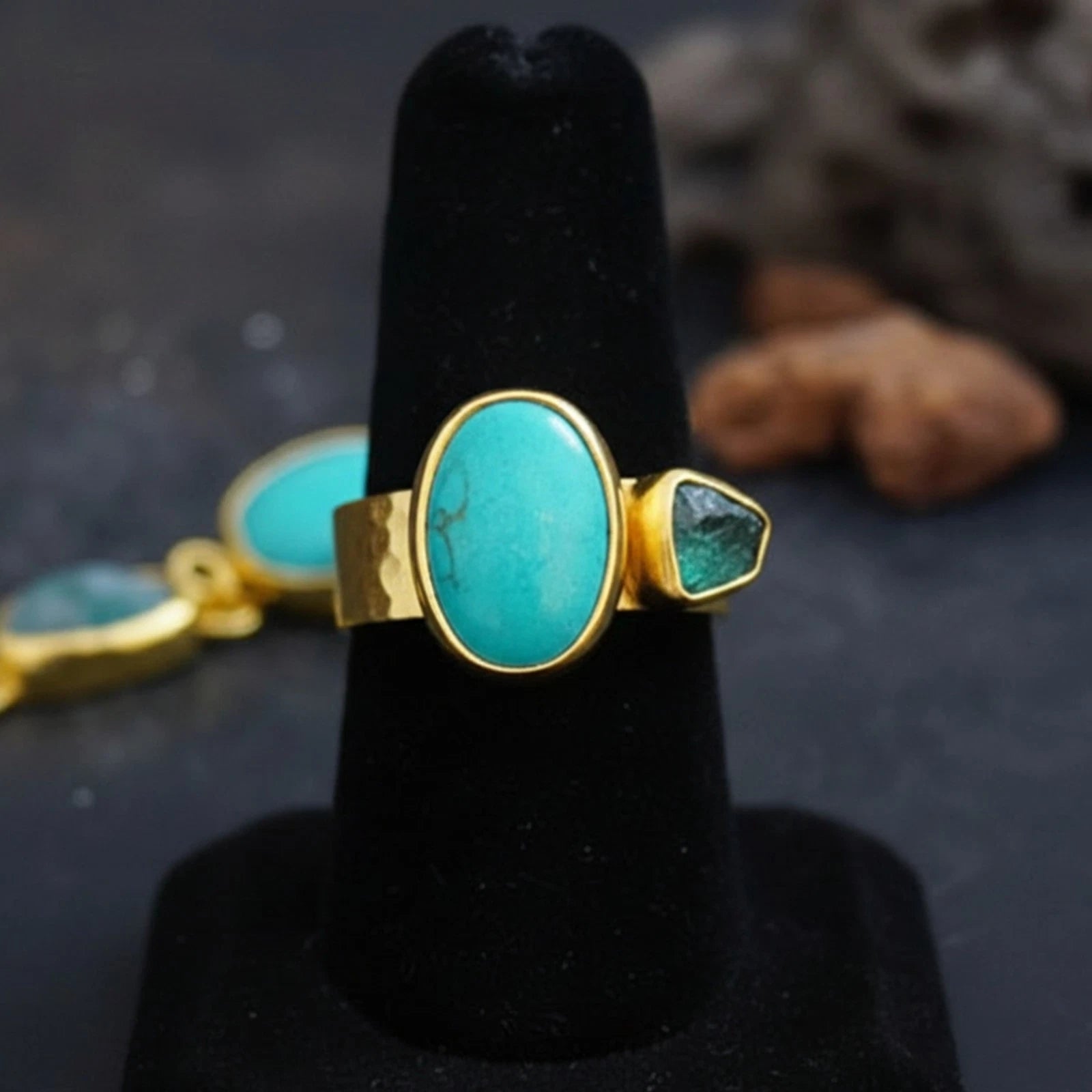 Turkish Turquoise raw apatite gemstone ring by designer Sultan Bodrum, 925 sterling silver handmade artisan jewelry gift with hammered style