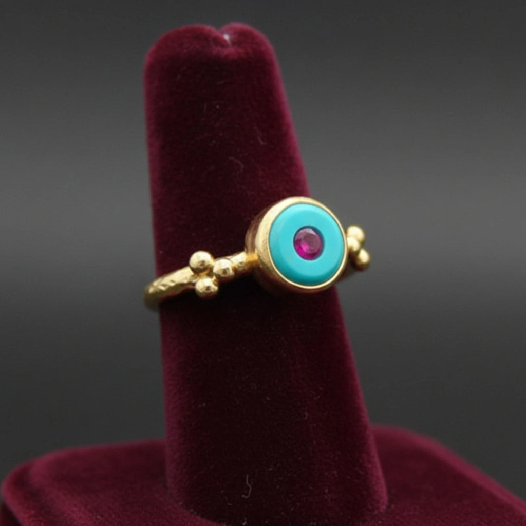 Turkish Turquoise Ruby ring by designer Sultan Bodrum, 925 sterling silver handmade artisan jewelry gift with hammered style