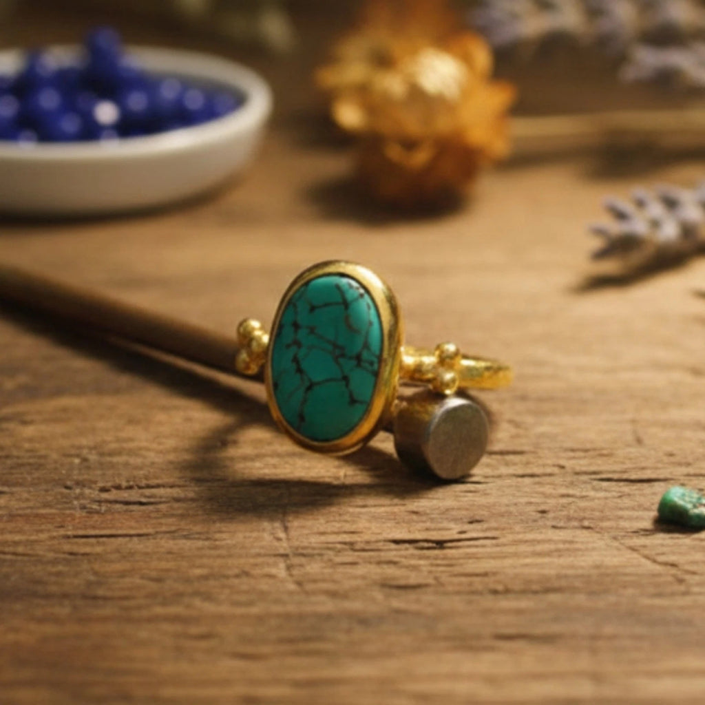 Turkish Turquoise yellow gold ring by designer Sultan Bodrum, 925 sterling silver handmade artisan jewelry gift with hammered style