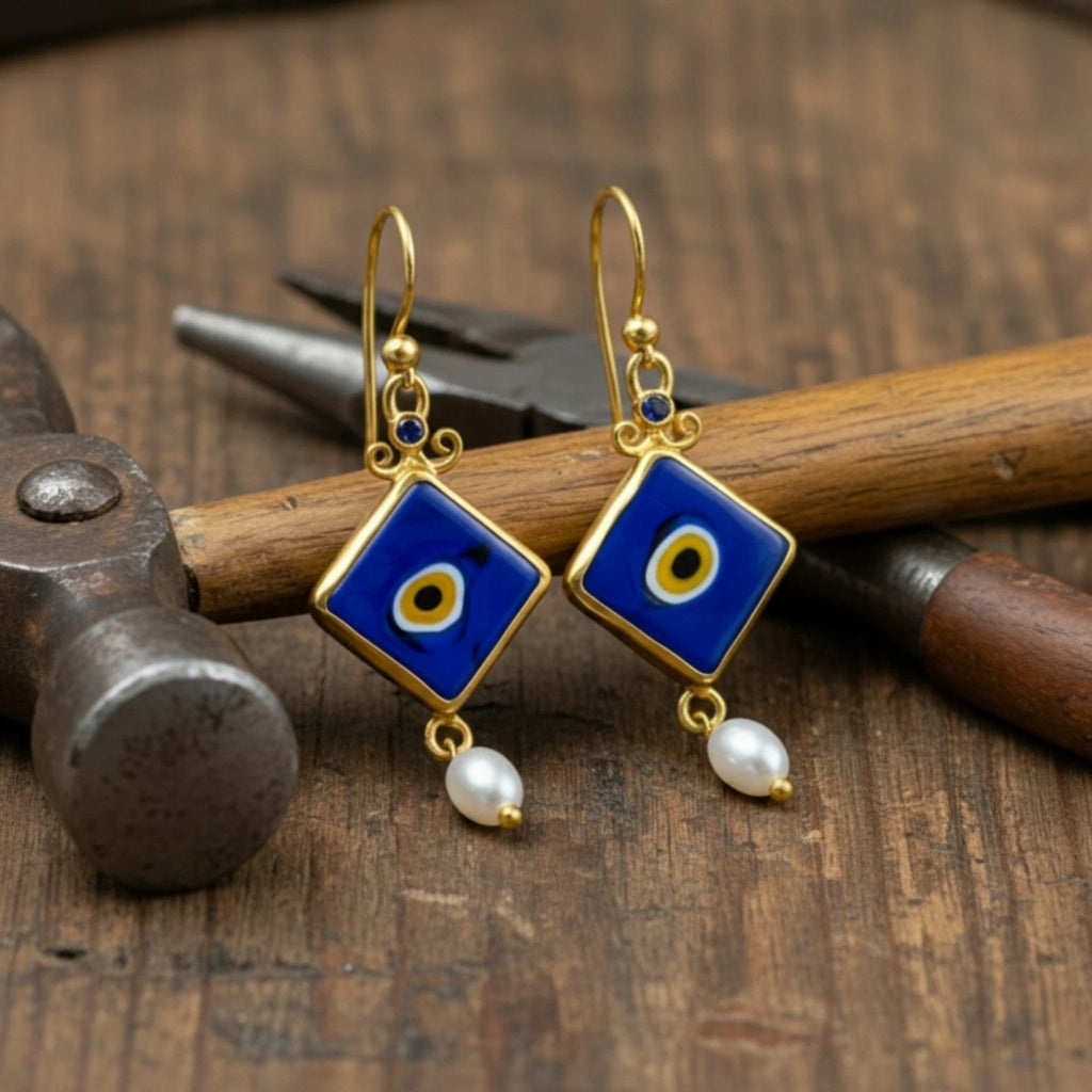 Gold plated Turkish Eye earrings with Iolite Pearl stones, unique artisan jewelry gift from AtelierSultan Bodrum