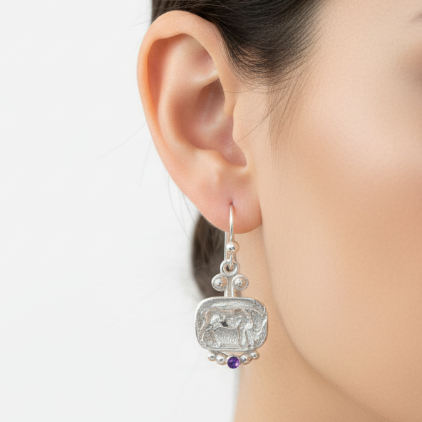 925 silver bull coin dangle earrings with purple amethyst gemstone, handcrafted in Bodrum atelier
