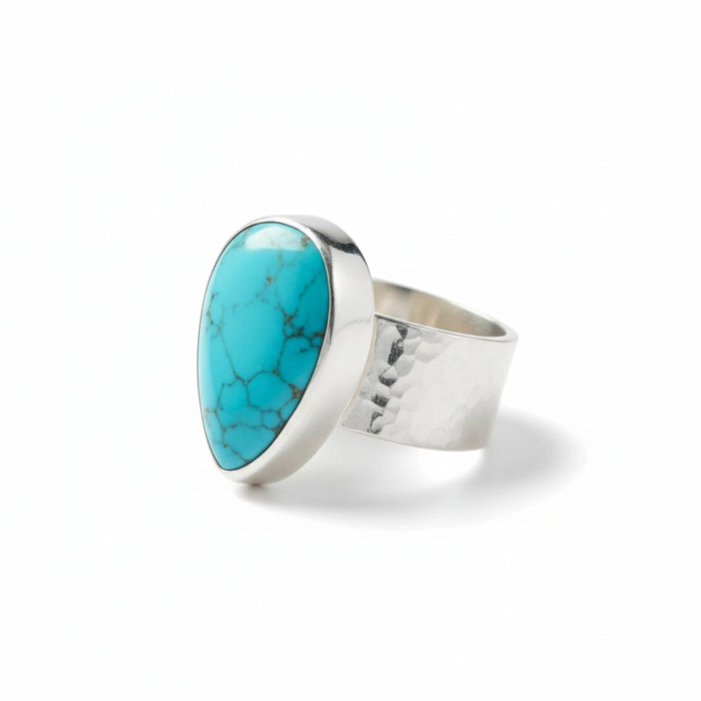 handcrafted artisan hammered  flat band turquoise ring by sultan bodrum