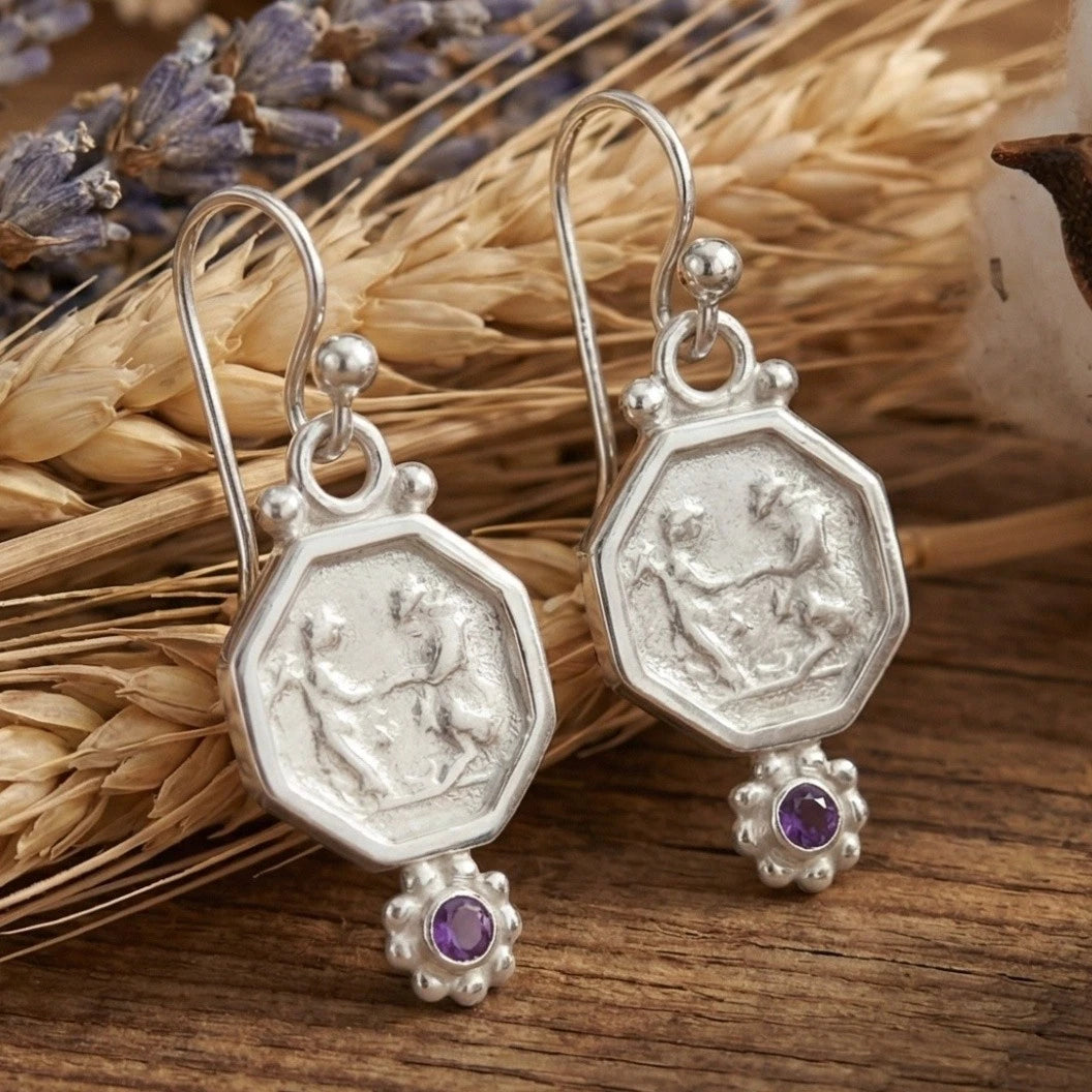 Artisan amethyst coin earrings handmade in Bodrum Turkey, featuring natural purple stone and bronze coin charm