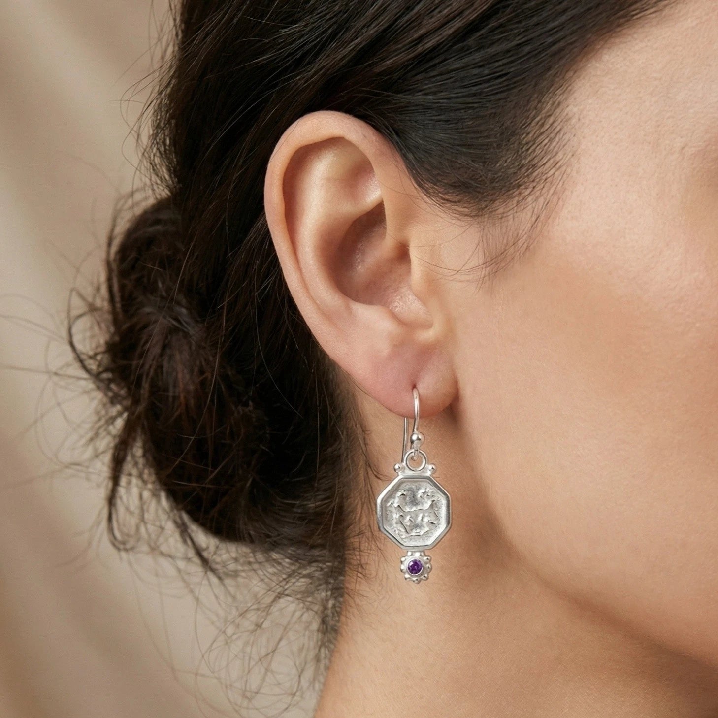 Natural amethyst gemstone coin earrings with ancient Roman style, 925 sterling silver by designer Sultan
