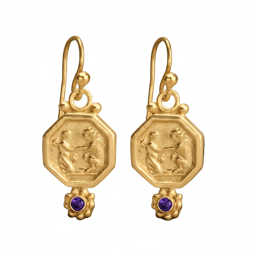  Elegant amethyst coin dangle earrings, perfect gift for her, handcrafted in Bodrum atelier with spiritual symbolism
