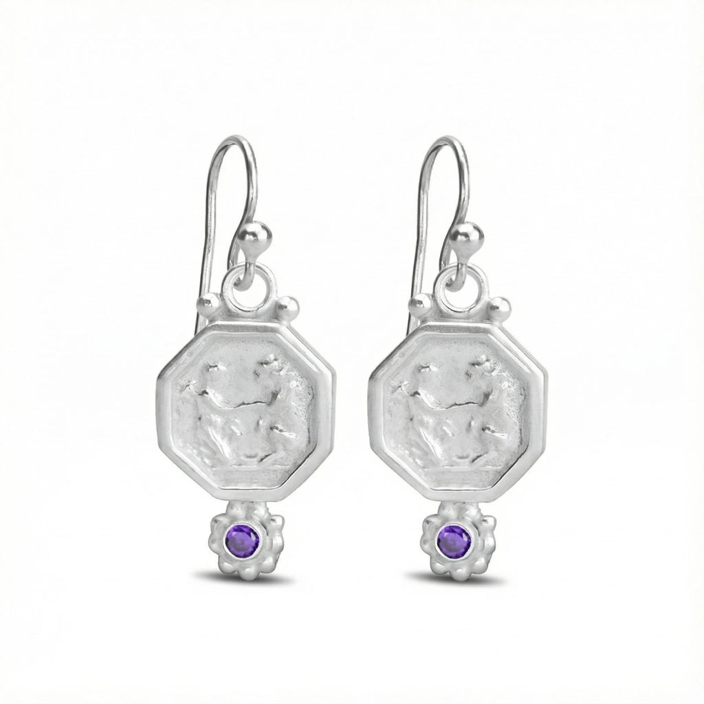Designer amethyst coin earrings, 925 silver Turkish jewelry by AtelierSultan Bodrum, symbol of peace and clarity
