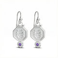 Designer amethyst coin earrings, 925 silver Turkish jewelry by AtelierSultan Bodrum, symbol of peace and clarity
