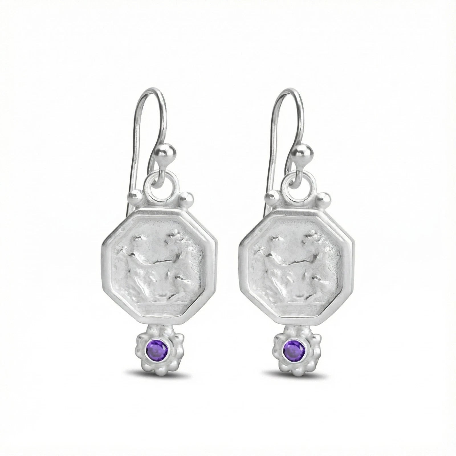 Designer amethyst coin earrings, 925 silver Turkish jewelry by AtelierSultan Bodrum, symbol of peace and clarity
