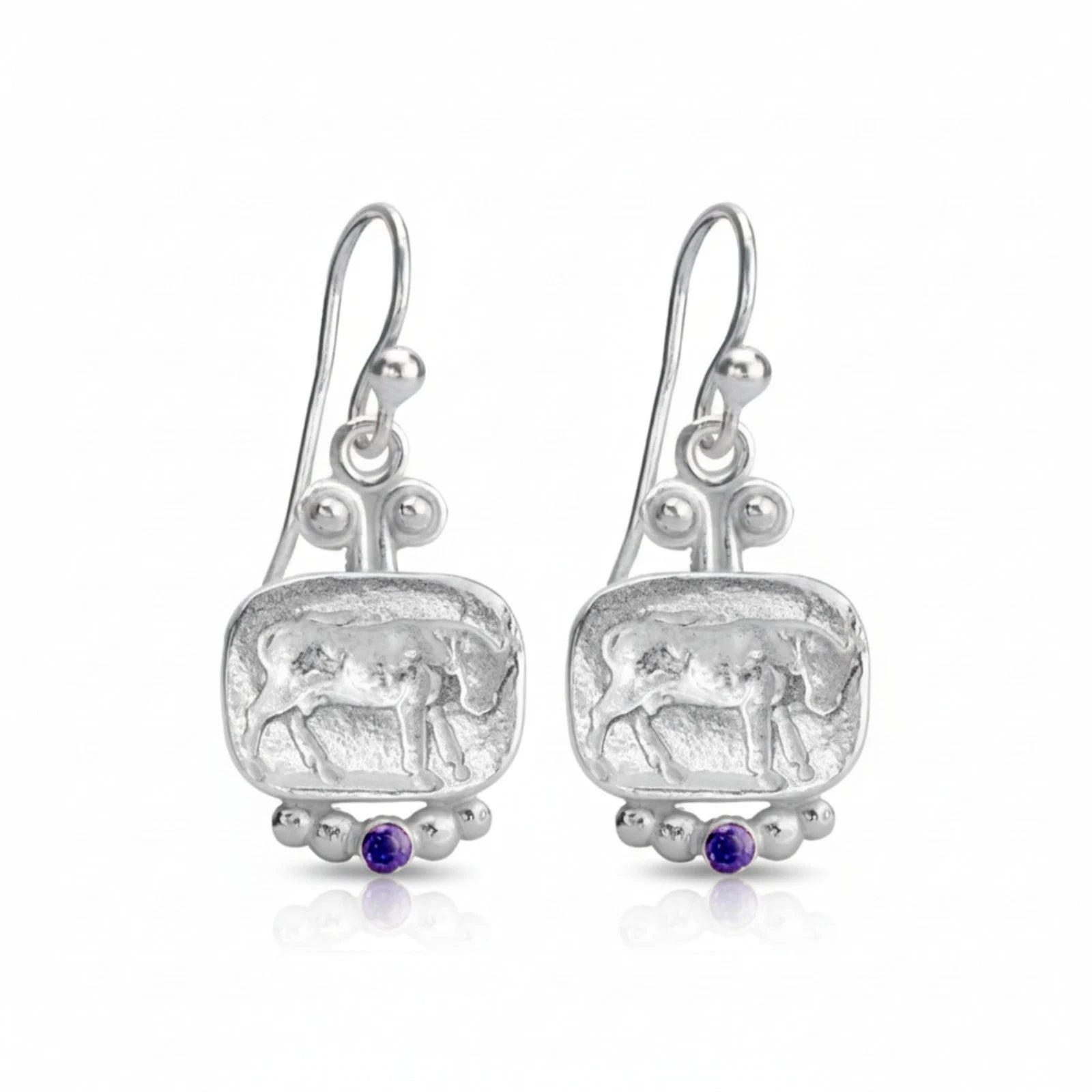 Ancient Roman bull coin earrings with natural amethyst, 925 silver Turkish artisan jewelry by designer Sultan
