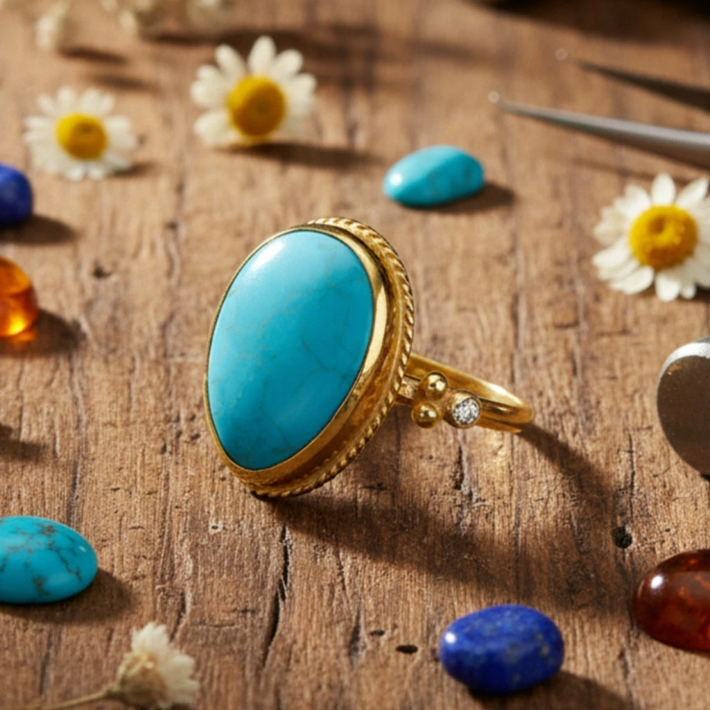 Hammered texture turquoise ring close-up, ancient style Turkish jewelry by designer Sultan