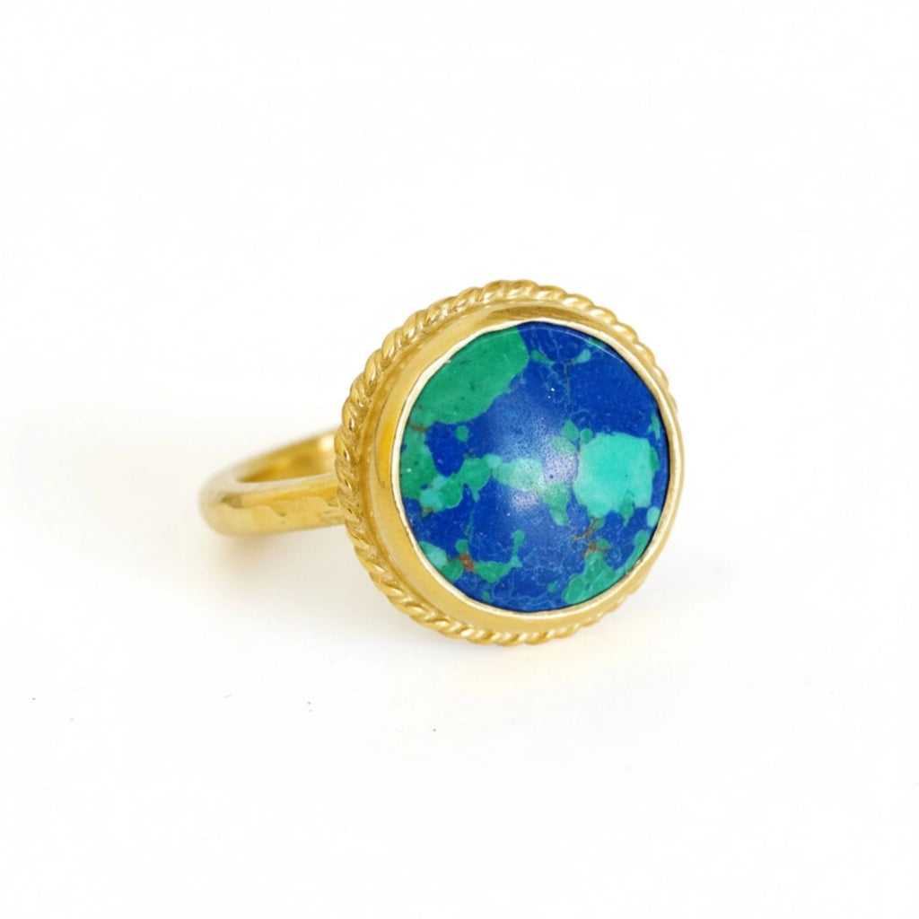 Gold turquoise ring with white topaz accents, 925 sterling silver, handcrafted Turkish jewelry by Sultan in Bodrum atelier