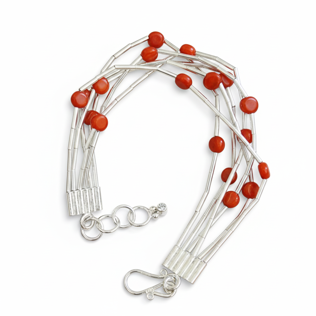 Handmade 6-strand red coral bracelet inspired by ancient Troy, crafted in 925 sterling silver by designer Sultan in Bodrum atelier