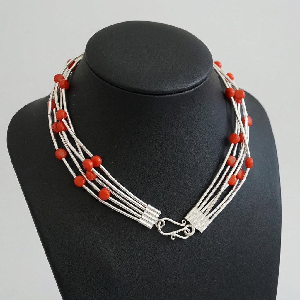 Ancient Troy inspired coral necklace in 925 sterling silver, Turkish artisan jewelry symbolizing eternal heritage and protection