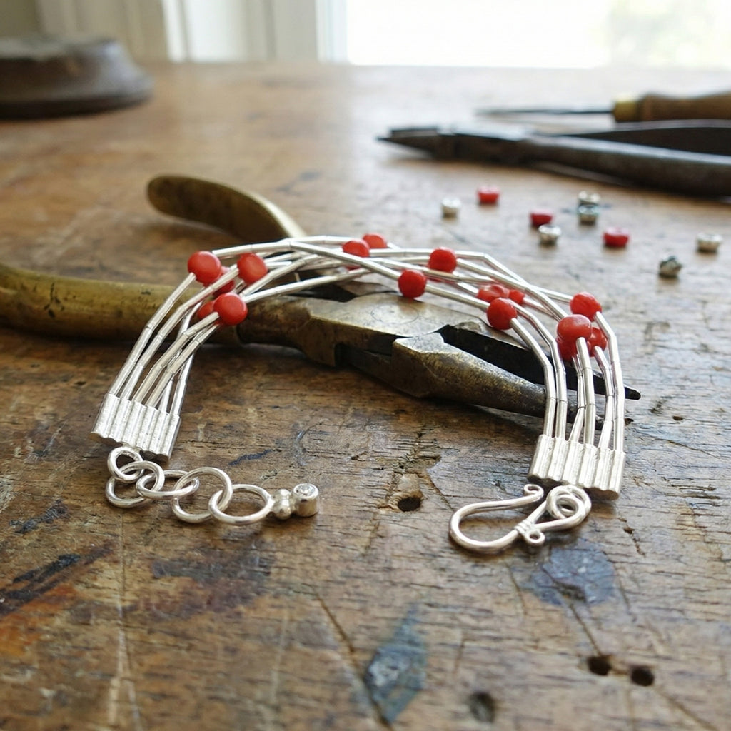 Lifestyle shot of ancient Troy coral bracelet worn on wrist, handcrafted 925 silver Turkish jewelry, perfect gift for heritage lovers