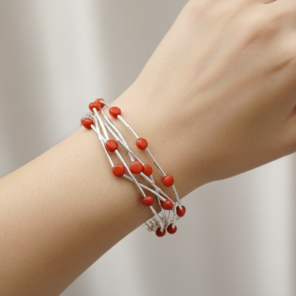 Six-strand coral bracelet with extension chain, handmade Turkish jewelry by Sultan, ancient Troy design meets modern elegance