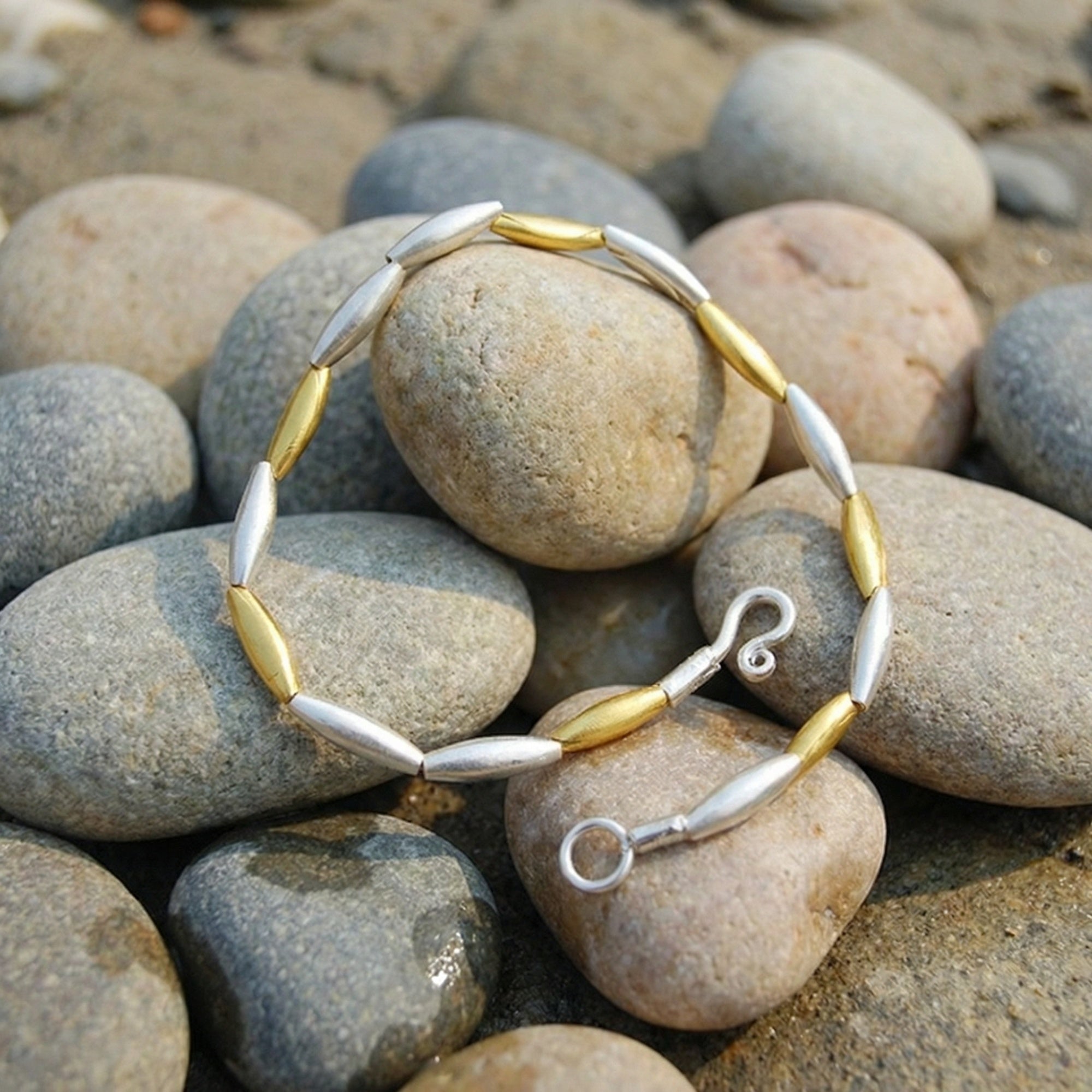 Bicolor Troy wheat bracelet detail showing 925 silver and 24K gold plating, handcrafted Turkish artisan jewelry from Bodrum atelier