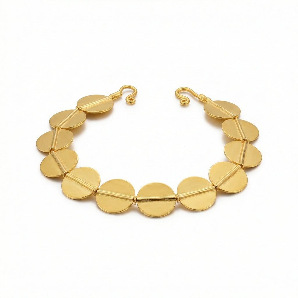 Handmade Ancient Troy disc bracelet in 925 sterling silver with gold plating, featuring 10mm circular discs .artisan jewelry by Sultan Bodrum