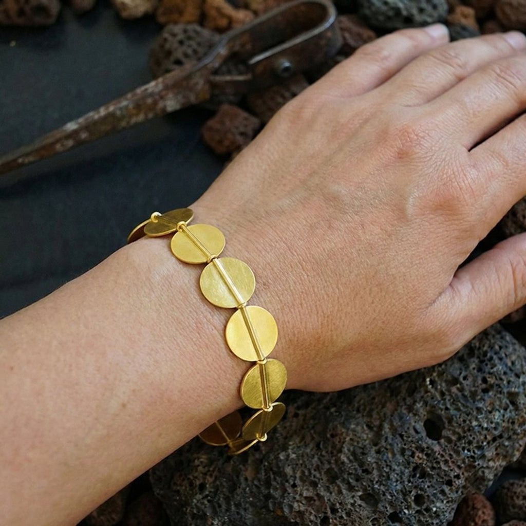 Gold plated Troy civilization inspired disc bracelet with 925 silver , Ancient Anatolian design, handcrafted gift for her by designer Sultan