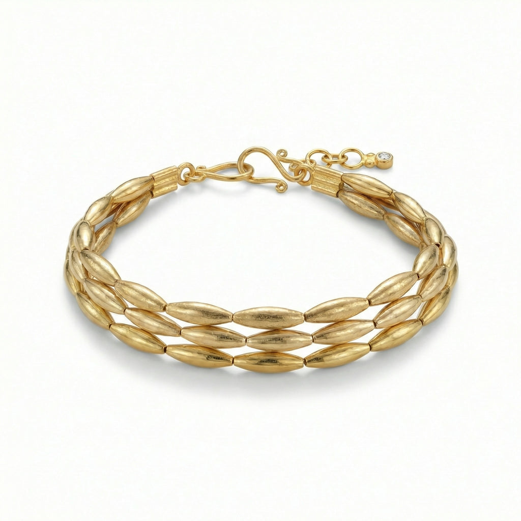Gold plated Troy wheat bracelet with 925 silver base, three-row Ancient Anatolian design, handcrafted gift for her by designer Sultan