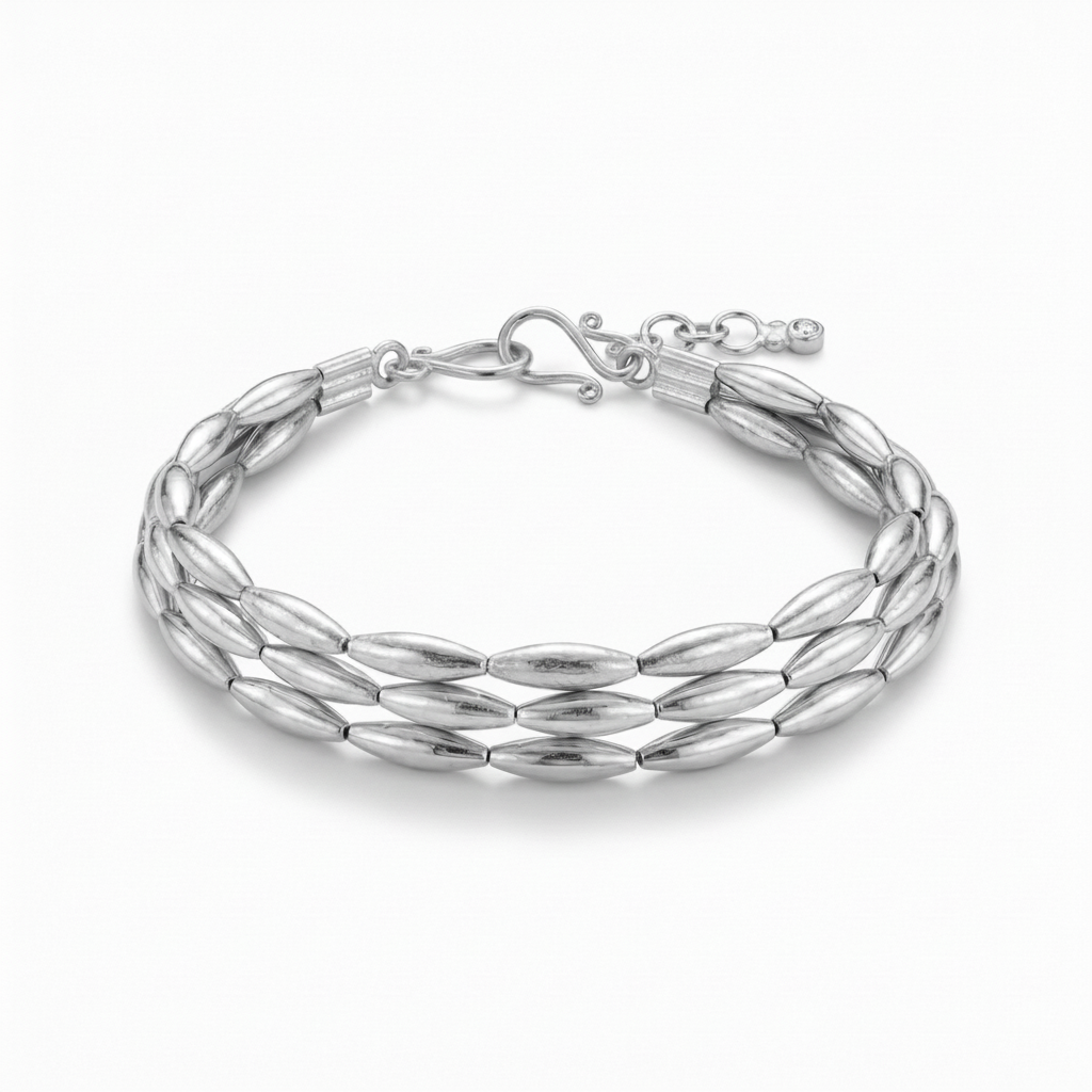Ancient Troy three-row wheat bracelet collection, 925 silver artisan jewelry with wheat-shaped spacers, handcrafted heritage design by Sultan Turkey