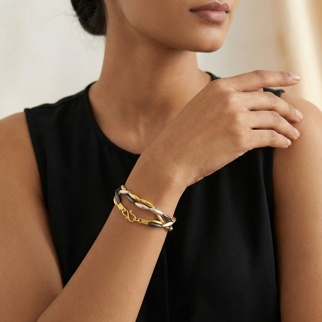 Sterling silver Troy wheat bracelet with three rows, handmade Turkish jewelry inspired by Ancient Troy civilization, Atelier Sultan Bodrum
