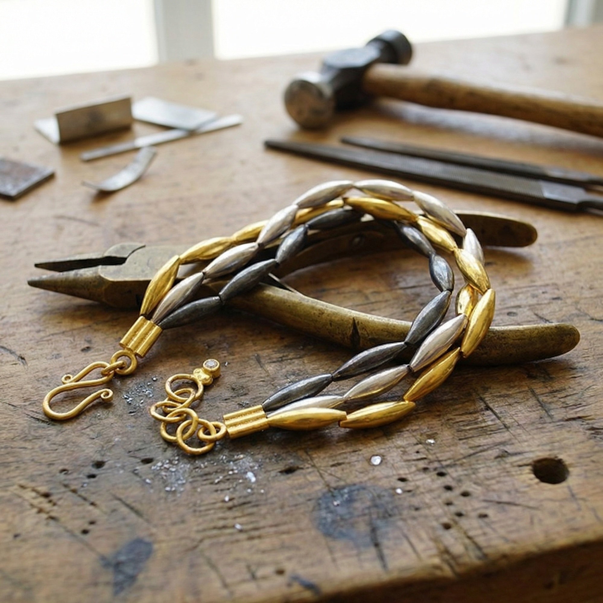 Handmade wheat bracelet inspired by Ancient Troy treasures, 925 sterling silver Turkish jewelry with bicolor gold plating option by designer Sultan Bodrum