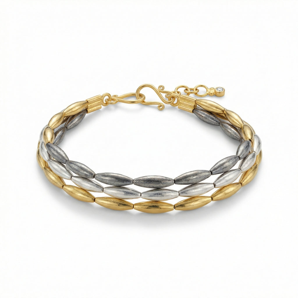 Handmade Ancient Troy wheat bracelet in 925 sterling silver with three-row design, featuring wheat-shaped spacers symbolizing abundance, artisan jewelry by Sultan Bodrum