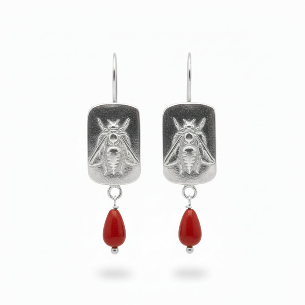 Designer gold bee earrings with coral inspired by ancient civilizations, handcrafted 925 silver jewelry from Bodrum workshop
