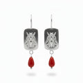 Designer gold bee earrings with coral inspired by ancient civilizations, handcrafted 925 silver jewelry from Bodrum workshop
