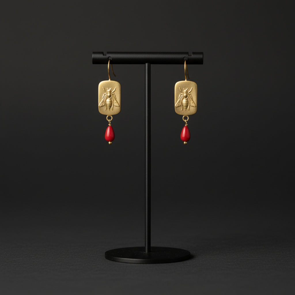Gold bee coral earrings on model, 925 silver jewelry with ancient motif, perfect gift for women who love unique designer pieces
