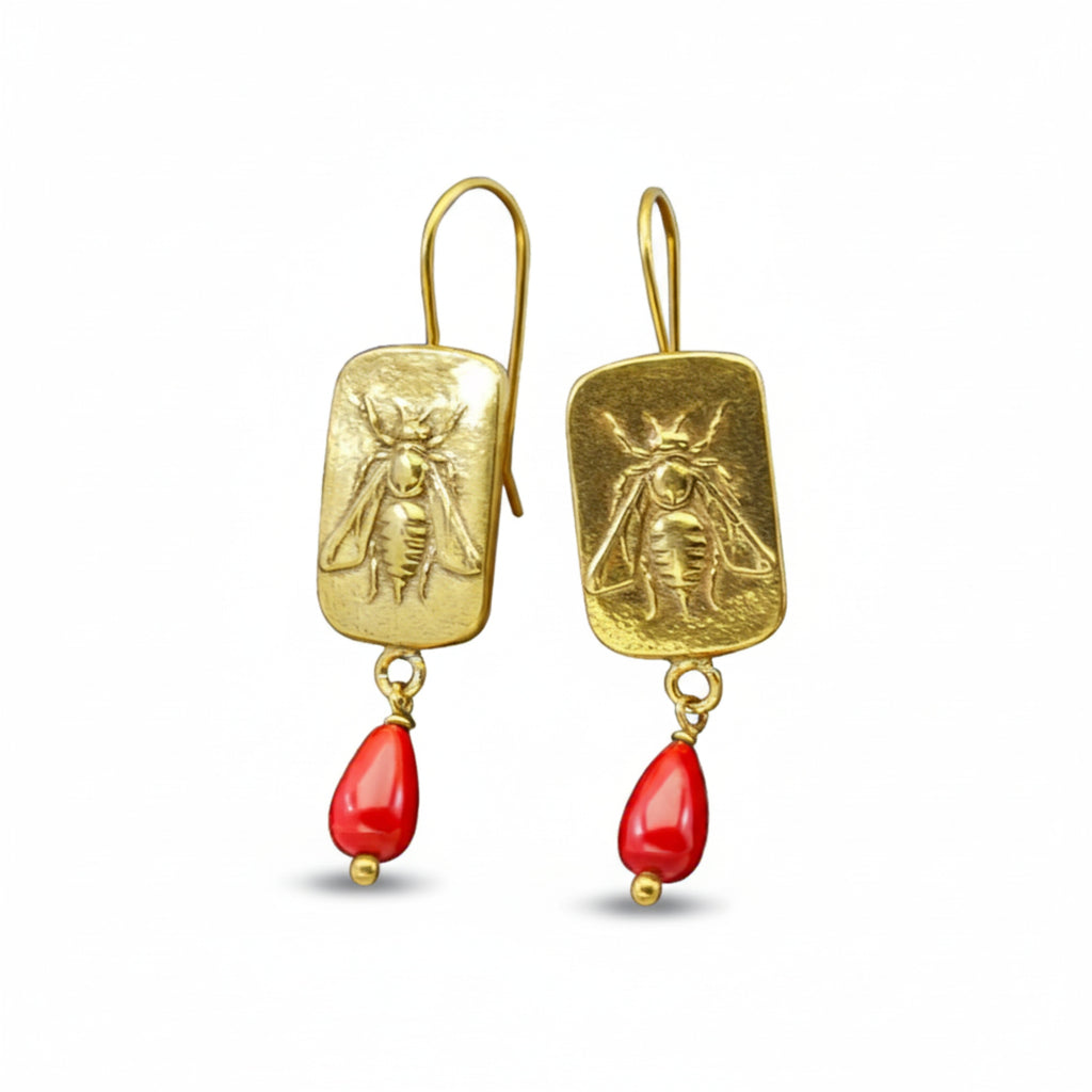 Handmade gold bee coral earrings by Sultan, 925 sterling silver with ancient Roman inspired design, symbol of protection and diligence
