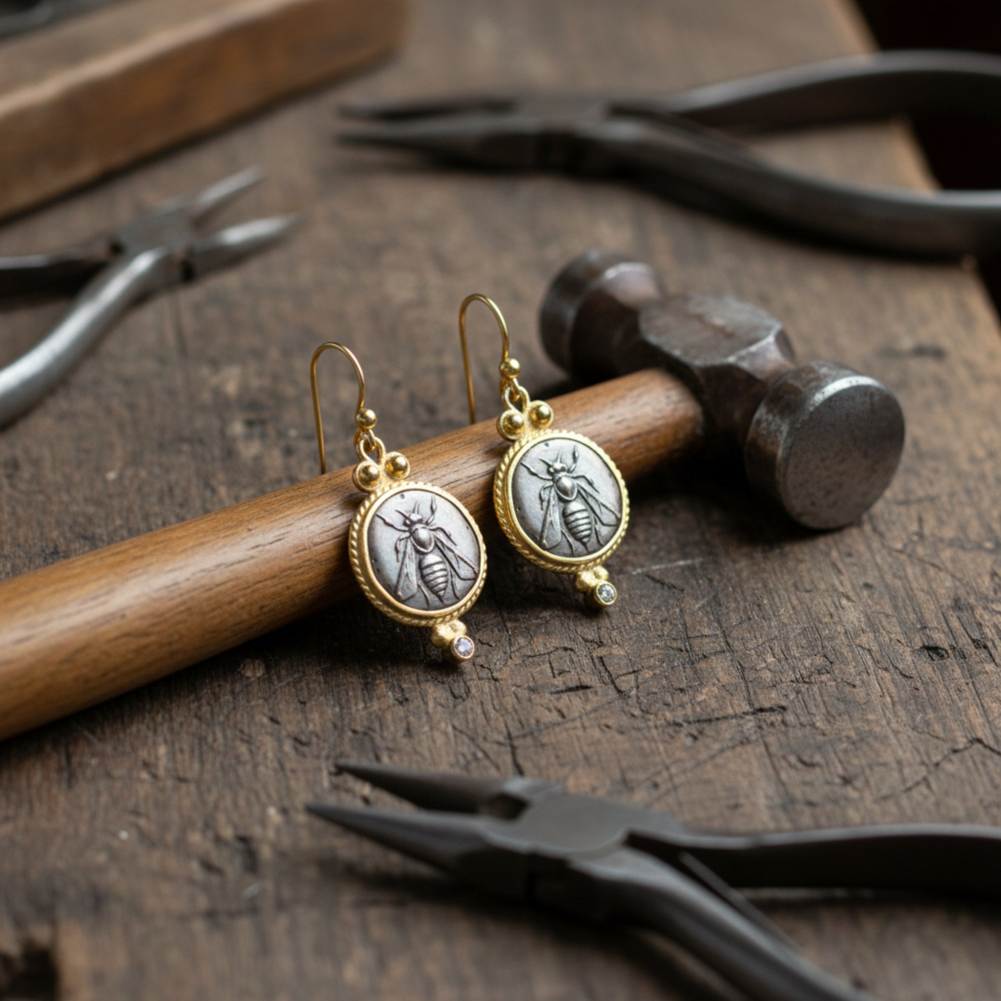 Gold bee white topaz earrings on model, 925 silver jewelry with ancient motif, perfect gift for women who love unique designer pieces
