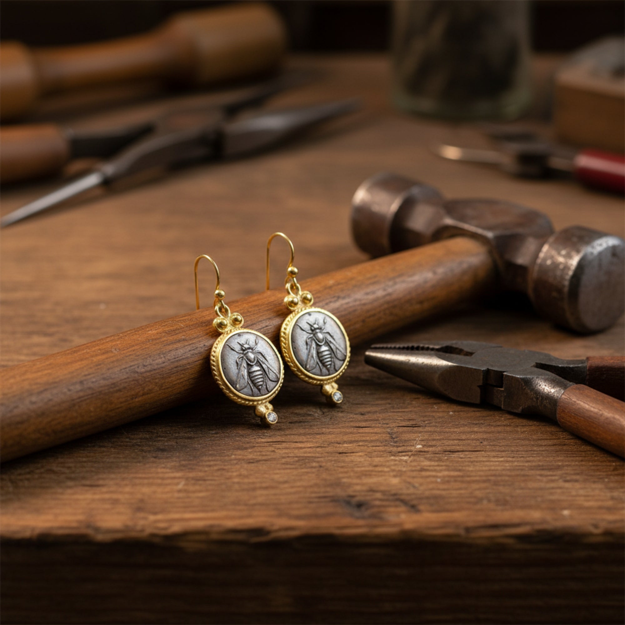 Artisan bee coin earring with white topaz detail showing hammered texture and gold plating on sterling silver, handmade Turkish jewelry
