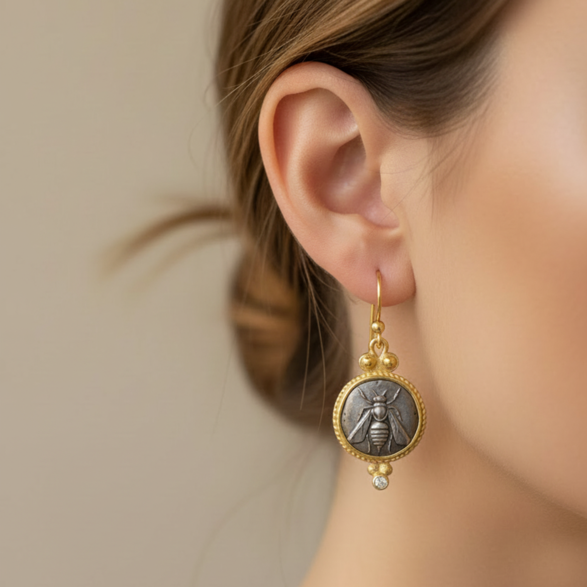 artisan gold bee white topaz earrings by Sultan, 925 sterling silver with ancient Roman inspired design, symbol of clarity and diligence
