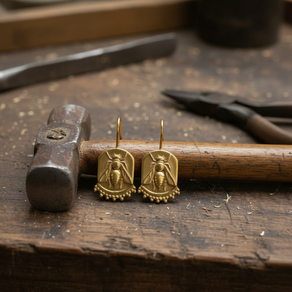 Designer gold bee earrings inspired by ancient civilizations, handcrafted 925 silver jewelry from Bodrum workshop
