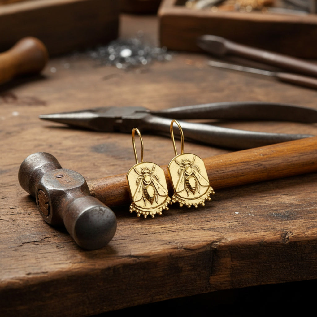 Turkish artisan bee coin earrings with 24K gold plating, 925 sterling silver jewelry handmade by Sultan in Bodrum atelier
