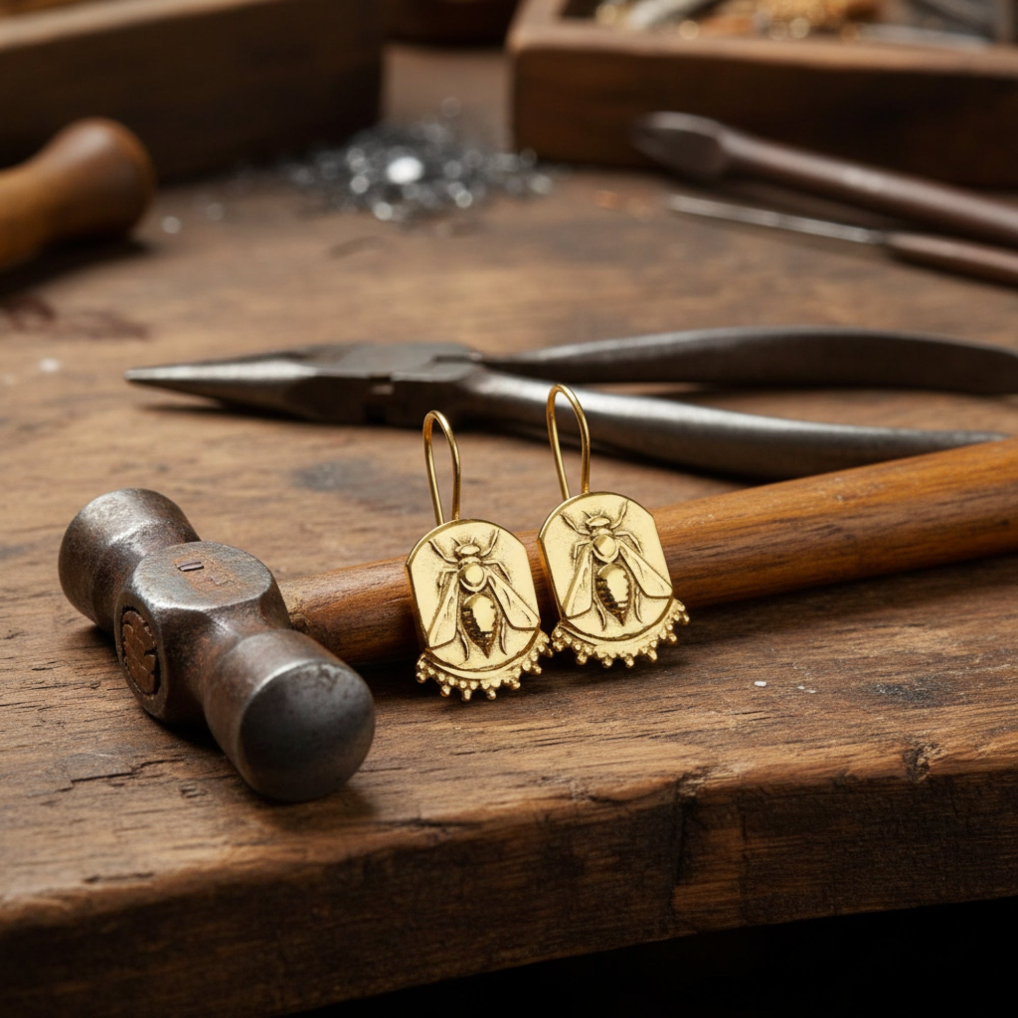 Turkish artisan bee coin earrings with 24K gold plating, 925 sterling silver jewelry handmade by Sultan in Bodrum atelier
