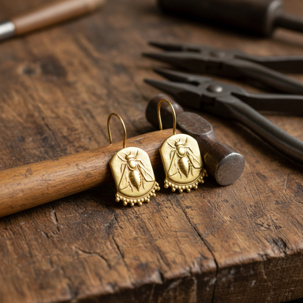 Ancient bee motif earrings with gold finish, handcrafted women's jewelry symbolizing royalty and diligence, perfect meaningful gift
