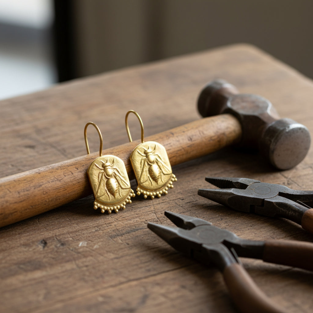 Artisan bee coin earring detail showing hammered texture and gold plating on sterling silver, handmade Turkish jewelry
