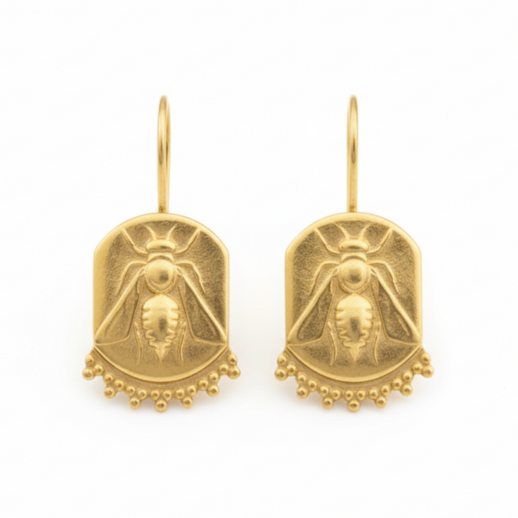 Artisan bee coin earrings 24k gold plating on sterling silver, handmade Turkish jewelry by atelier sultan bodrum
